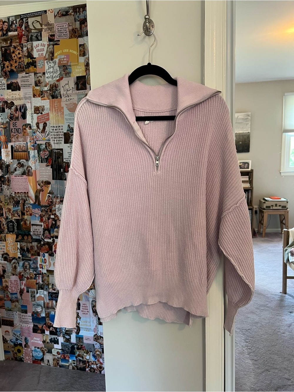 aerie Dusty Pink Ribbed Half-Zip V-Neck Sweater